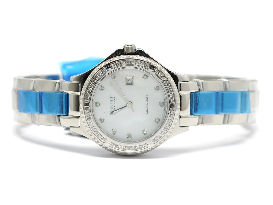 GANT, U.S.A. 1949, Pacific Lady (100m/330ft), Swiss Collection Diamonds, Ref nr. G46122115, Boett nr. 4612, damur, 32 mm, stål, quartz, safirglas, datum, pärlemorurtavla med diamanter, diamantkrans (59 st, ca 0,415 ctv), integrerad originallänk, viklås, ca 2010, box, ytterkartong. — Klockor/Gant — Kaplans