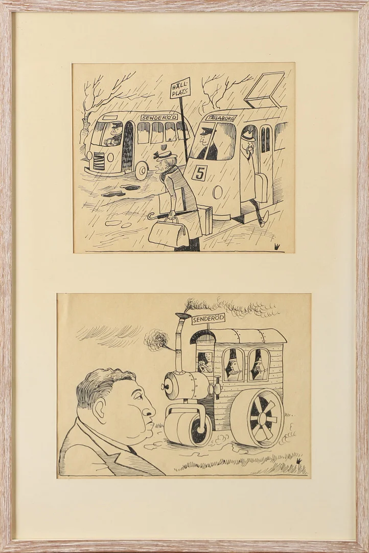 GEORG CRONA. Karikatyrer, diptyk, signerad med en krona. — Drawings — Helsingborgs Auktionskammare