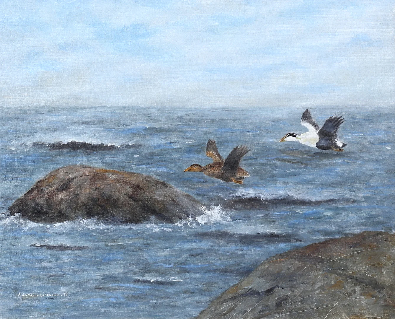 KENNETH LINDGREN. Flygande ejdrar. Olja på duk, signerad och daterad -95. — Paintings — Auktionshuset Thelin & Johansson