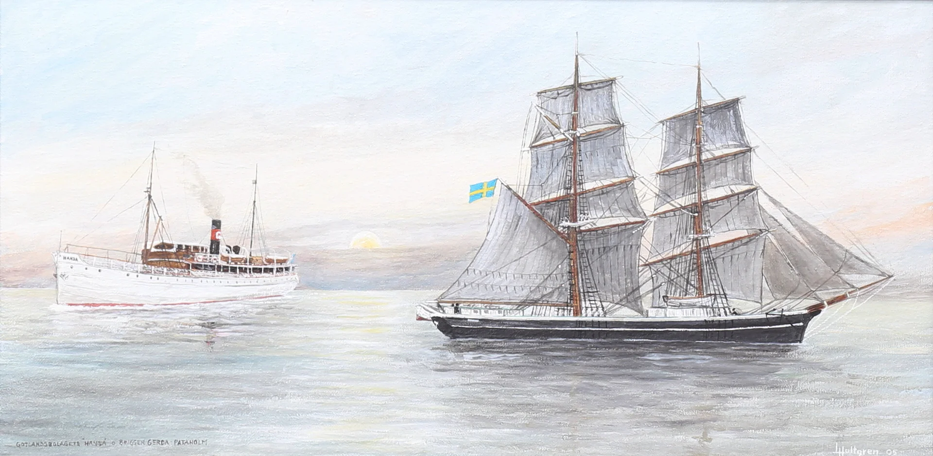 LARS HULTGREN. "Gotlandsbolagets 'Hansa' och briggen 'Gerda' - Pataholm". Olja på duk, signerad och daterad 05. — Paintings — Auktionshuset Thelin & Johansson