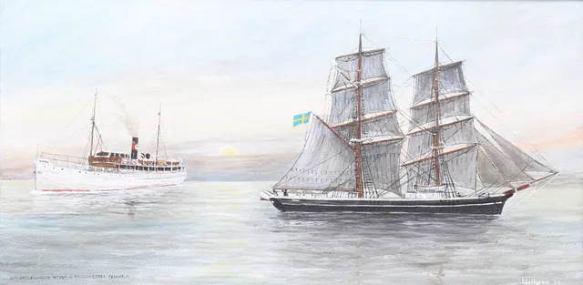LARS HULTGREN. "Gotlandsbolagets 'Hansa' och briggen 'Gerda' - Pataholm". Olja på duk, signerad och daterad 05.