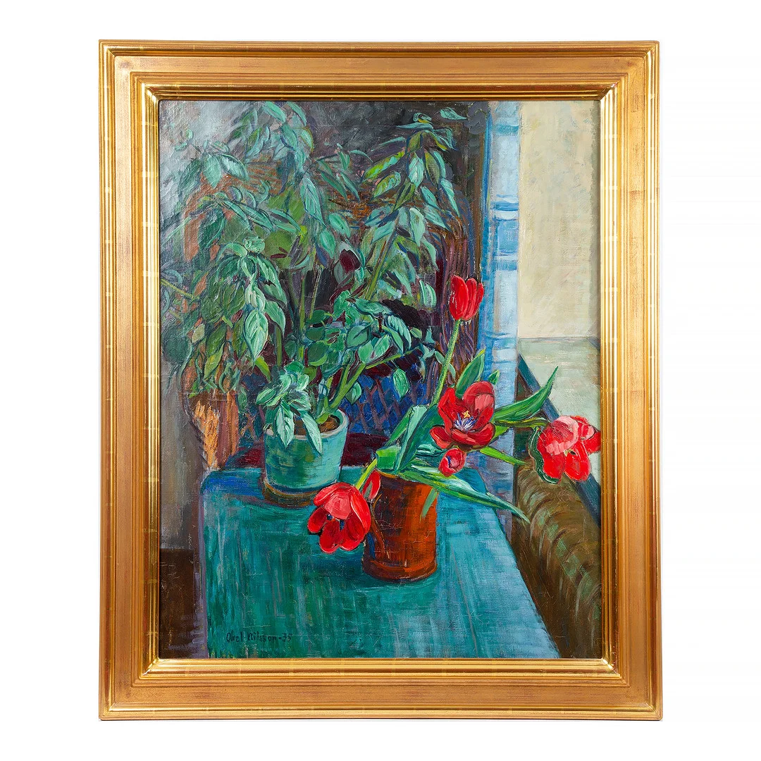 AXEL NILSSON. "Stilleben med röda tulpaner", olja på duk, signerad och daterad -35. — Paintings — Stockholms Auktionsverk Göteborg