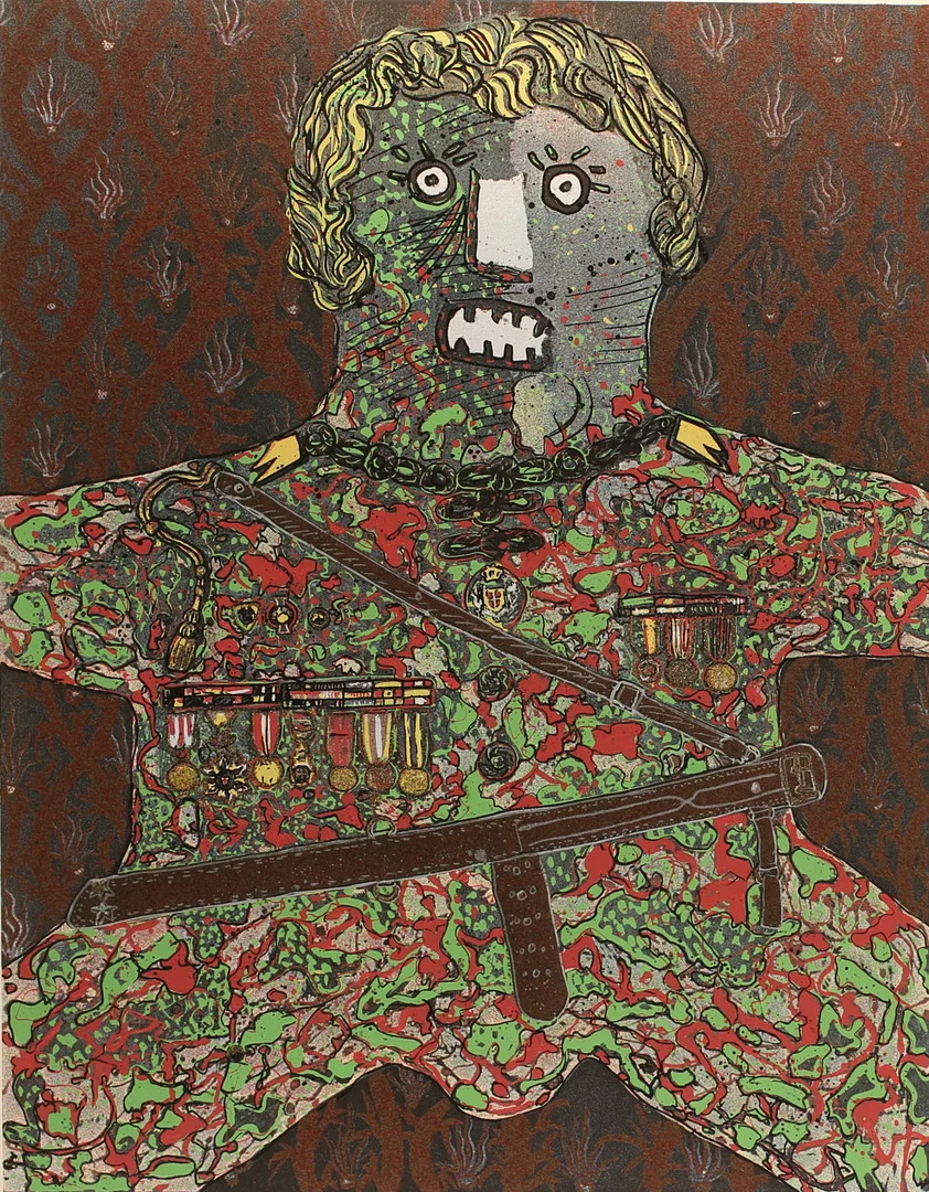 ENRICO BAJ. Blandteknik/collage, signerad och numrerad. — Engravings & Prints — RA Auktionsverket Norrköping
