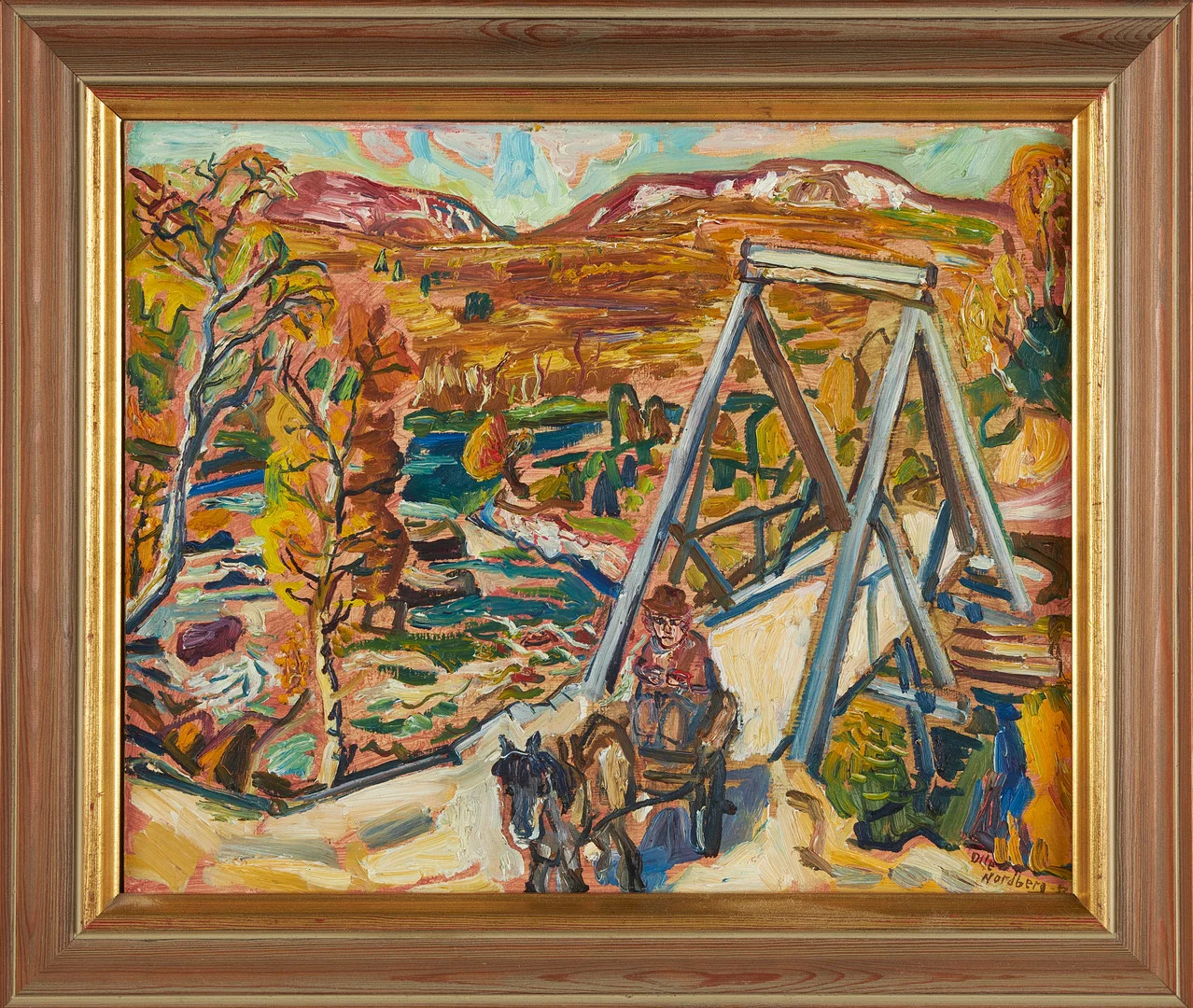 OLLE NORDBERG. Man med häst och vagn, signerad samt daterad 52, olja på pannå. — Paintings — Stockholms Auktionsverk Sickla