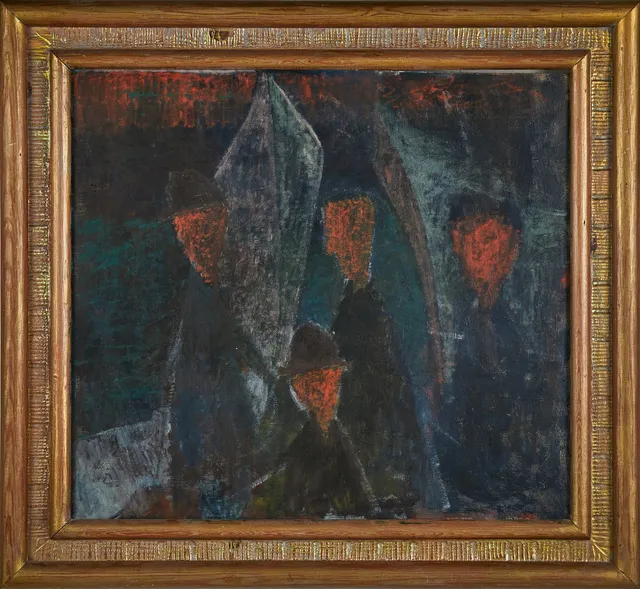 OKÄND KONSTNÄR, (1900-tal), komposition med figurer, olja på pannå.