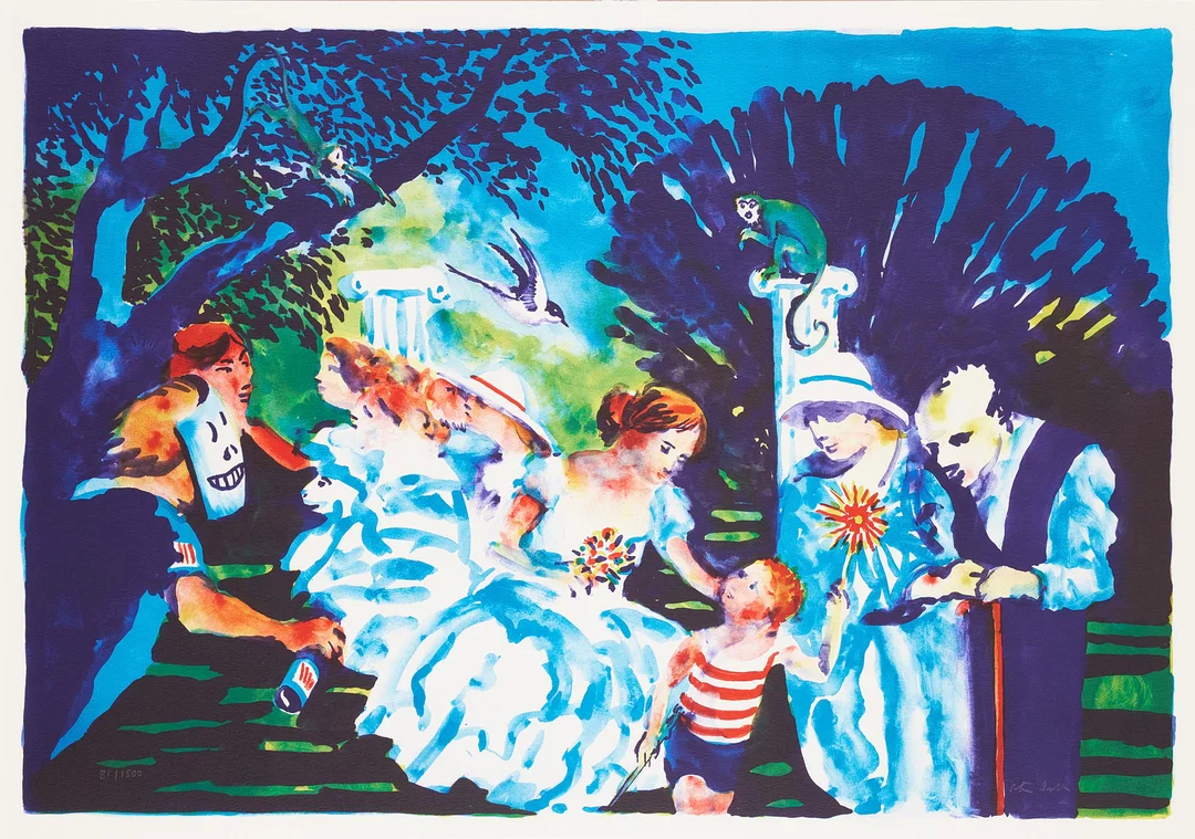 PETER DAHL. "Afton i parken", färglitografi, signerad Peter Dahl och numrerad 81/1500. — Engravings & Prints — Stockholms Auktionsverk Magasin 5