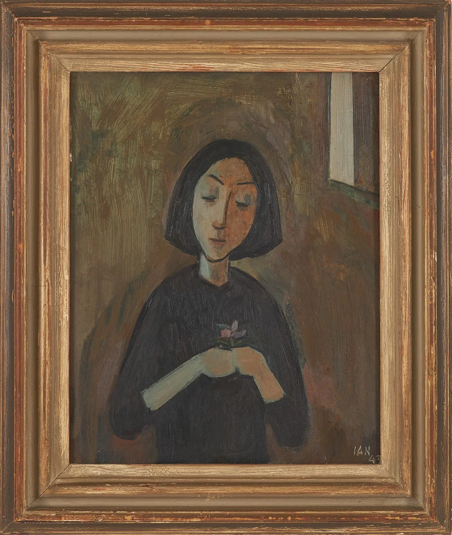 IVAR ANDERSSON (1903-1964). "Flicka med blomma", olja på pannå, monogramsignerad samt daterad 43. — Paintings — Stockholms Auktionsverk Sickla