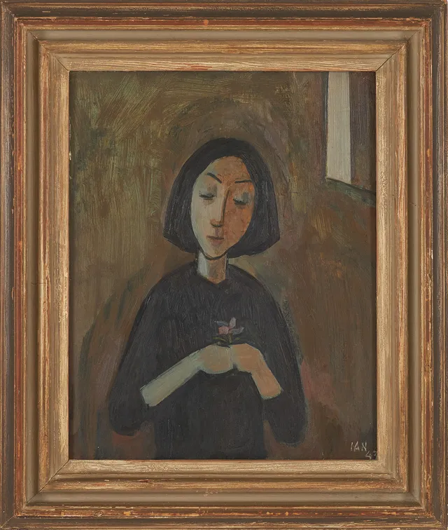 IVAR ANDERSSON (1903-1964). "Flicka med blomma", olja på pannå, monogramsignerad samt daterad 43.