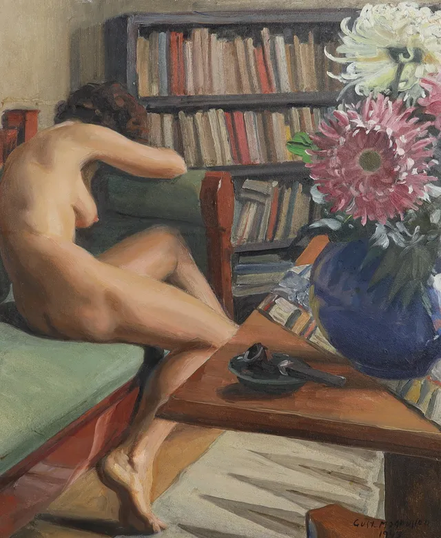GUSTAF MAGNUSSON (1890-1957). Interiör med naken kvinna och chrysantemum, olja på pannå.