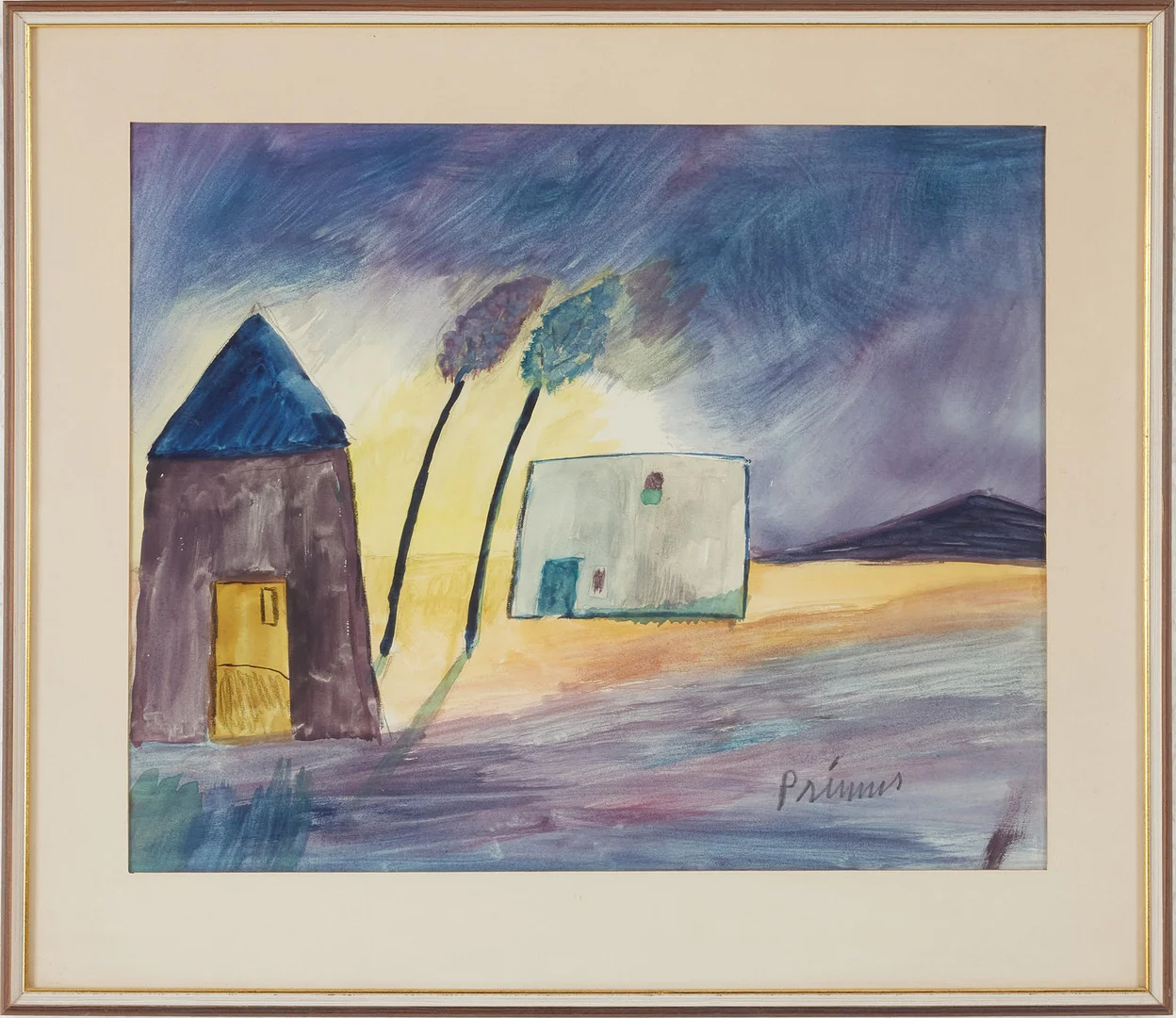 PRIMUS MORTIMER PETTERSSON. Byggnader i kargt landskap, akvarell på papper, signerad Primus. — Paintings — Stockholms Auktionsverk Magasin 5