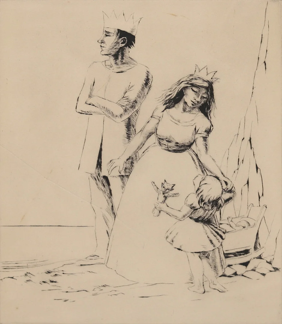 BÖRJE SANDELIN (1926-1971). Den kungliga familjen, etsning nr 89/150, signerad. — Engravings & Prints — Garpenhus Auktioner