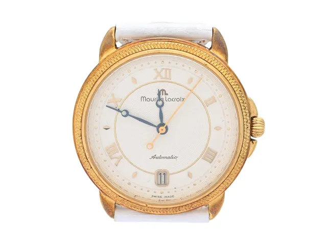 MAURICE LACROIX, Classic, Cal ETA 2892A2, Serie nr. 342, Boett nr. 11609, herrur, 36 mm, 18K guld, automatisk, safirglas (repor), datum, skadad urtavla, glasbaksida, läderband, ca 2000.