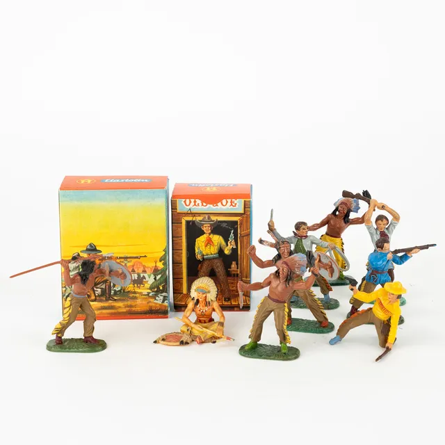 ELASTOLIN WESTERNFIGURER 11 st, 2 originalkartonger.