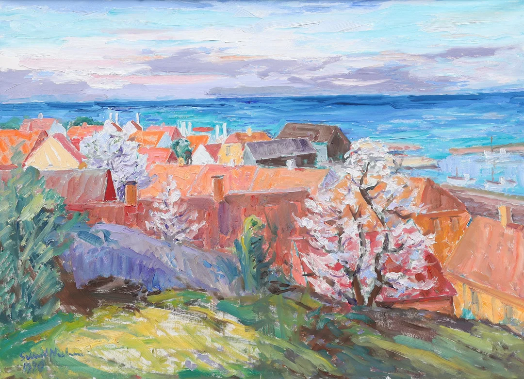 SVEND NIELSEN. olja på duk, utsikt mot hav, signerad, daterad 1990. — Paintings — Auktionsmagasinet Vänersborg