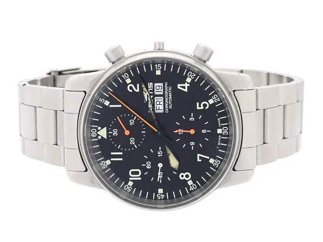FORTIS, Flieger Chronographe (T Swiss Made T), Cal ETA 7750, Serie nr. 12095, Boett nr. 597.10.141.1, kronograf, herrur, 40 mm, stål, automatisk, safirglas, dag, datum, skadade visare, defekt (saknar krona/ställaxel), originallänk, viklås, ca 2002, box (skadad).