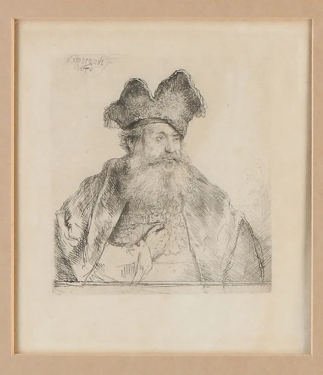 REMBRANDT VAN RIJN. EFTER. Etsning. "Old man with divided fur hat". Signerad i trycket. Senare avdrag.