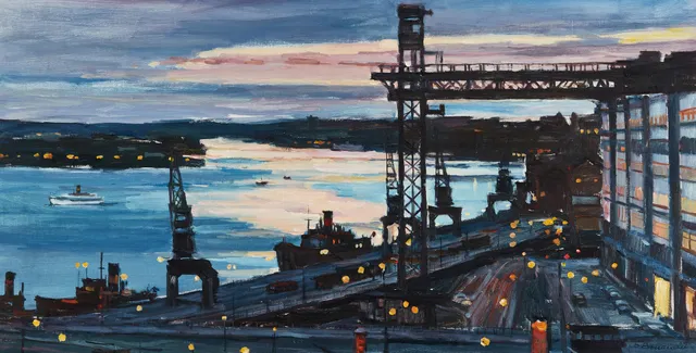 OLOF BENANDER (Sverige, 1900-tal): Utsikt över Stockholms inlopp, Slussen med Katarinahissen i förgrunden, signerad Benader, olja på duk.