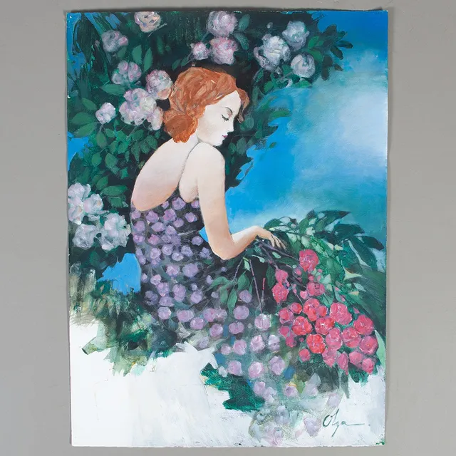 OLGA SEMENOVA. Akvarell/akryl på papper, original, "Woman with Roses".