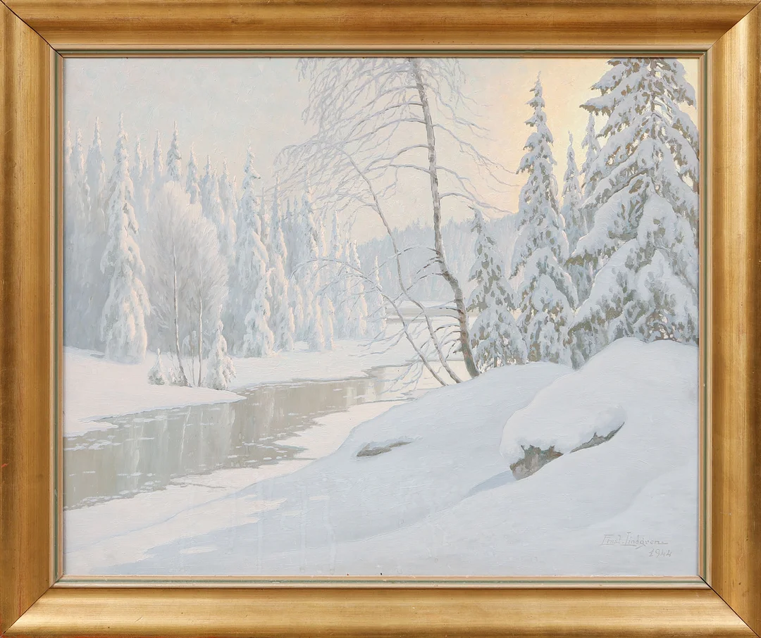 ERNST LINDGREN. Vinterbild, olja på pannå, signerad och daterad 1944. — Paintings — Göteborgs Auktionsverk