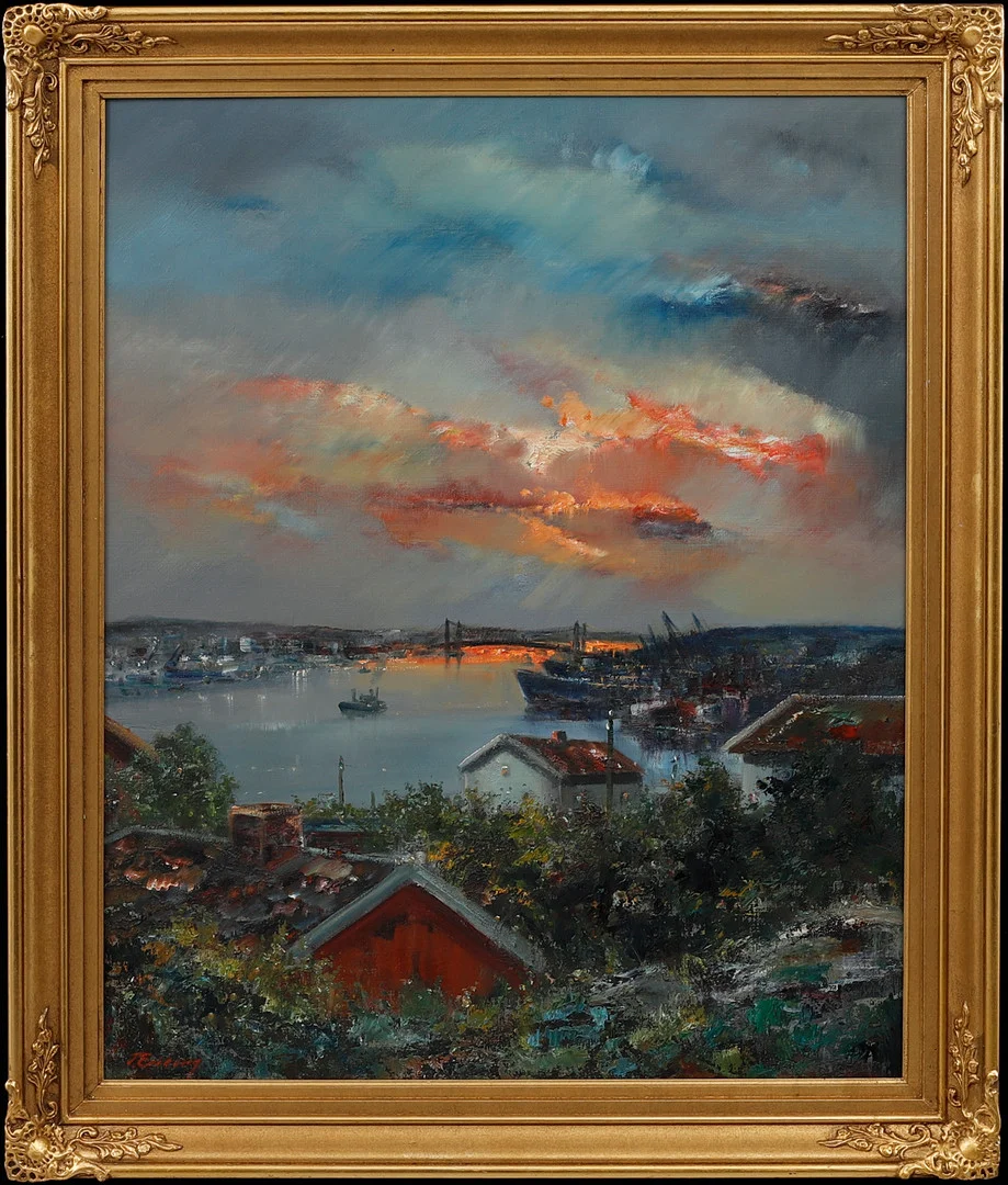 TAGE ERIKSSON. "Hamnbild, utsikt från Slottsberget", olja på duk, signerad. — Paintings — Göteborgs Auktionsverk
