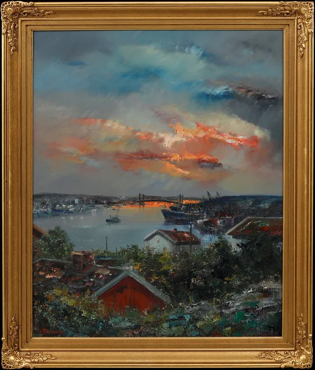 TAGE ERIKSSON. "Hamnbild, utsikt från Slottsberget", olja på duk, signerad.
