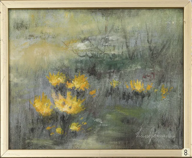 LASSE GÖRANSSON. olja på duk, signerad,"vårblommor på gräsmattan".