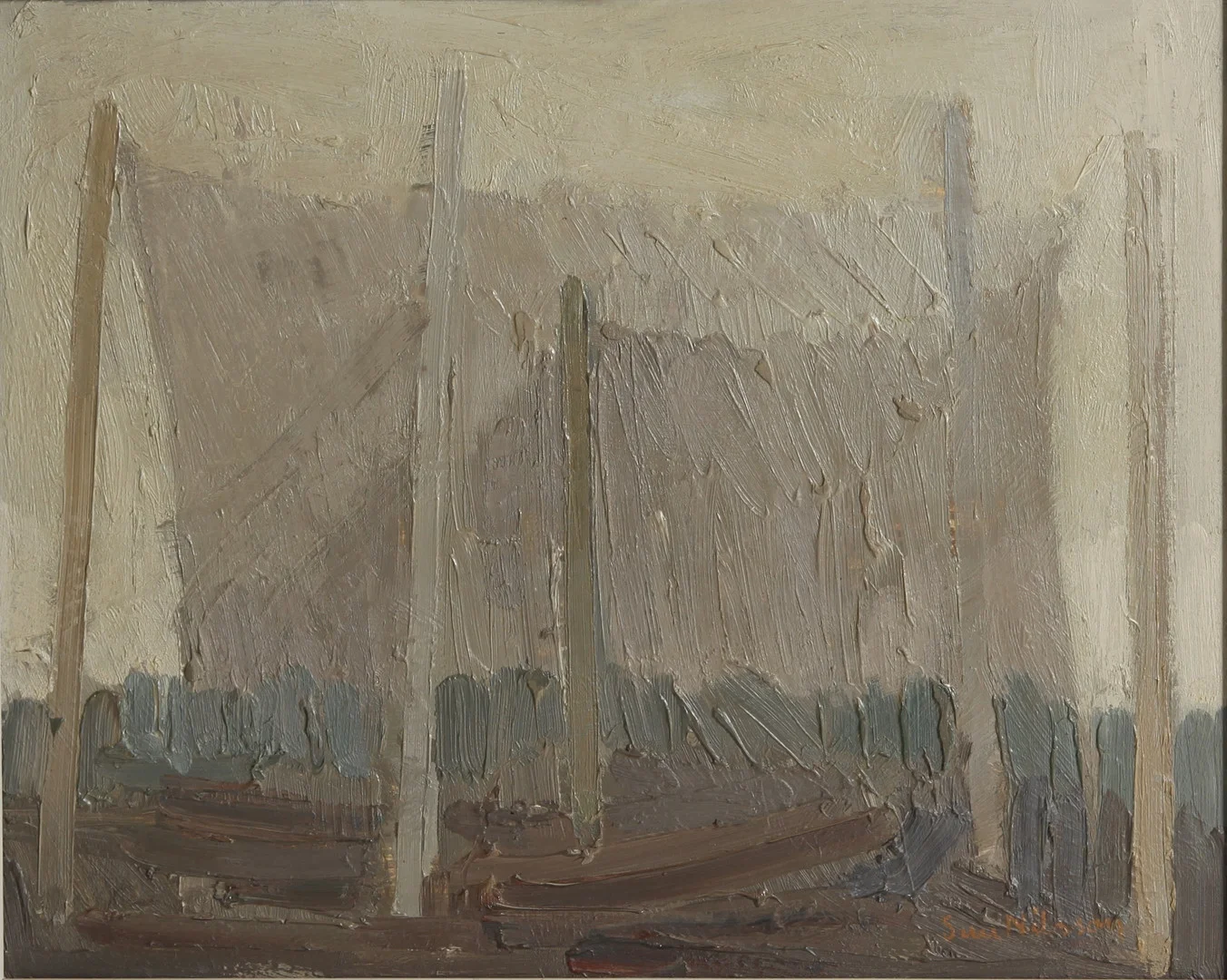 SVEN NILSSON. Olja på pannå, hamnmotiv, signerad. — Paintings — Auktionsverket Engelholm