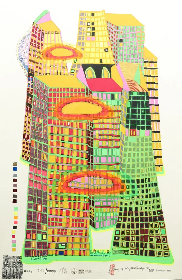 FRIEDENSREICH HUNDERTWASSER. (ÖSTERRIKE, 1928-2000). Good morning city, Bleeding town. 1969-70 Färgserigrafi med metallprägling.