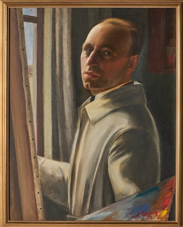 ERNST SÖDERBERG (1889-1967). "Självporträtt Florens", konstnären vid sitt staffli, olja på duk, signerad och daterad 1927.