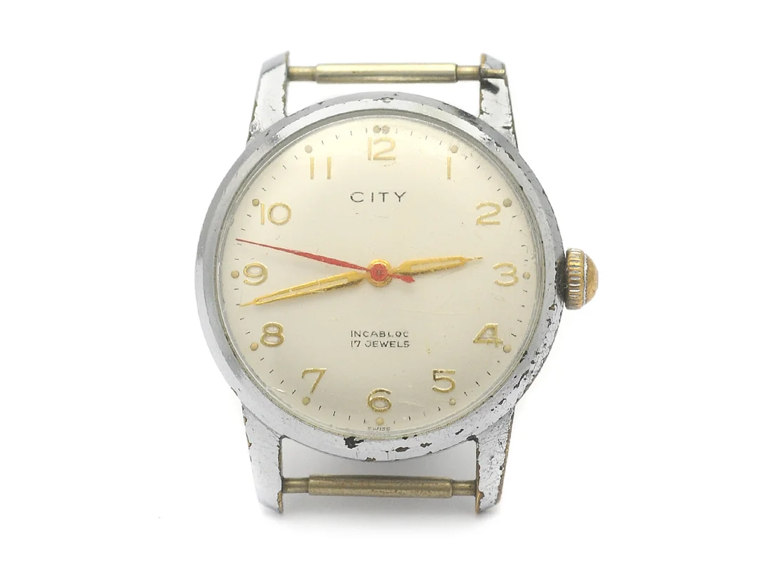 CITY, herrur, 30,5 mm, Cal AS 1702/03, Boett nr. 225412, vitmetall, manuell, plexiglas, skadad urtavla, skadad boett, ca 1960. — Klockor/Övriga klockor — Kaplans