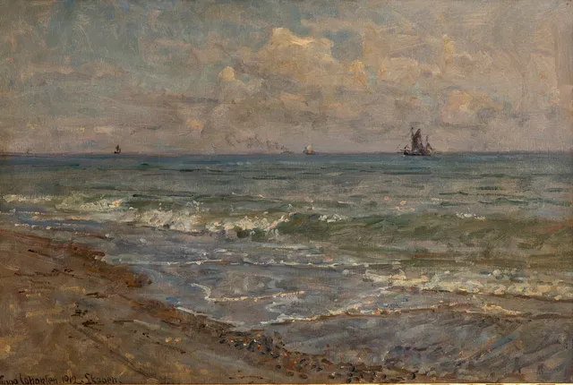 VIGGO JOHANSEN (1851-1935). Strand von Skagen mit Schiffen am Horizont.