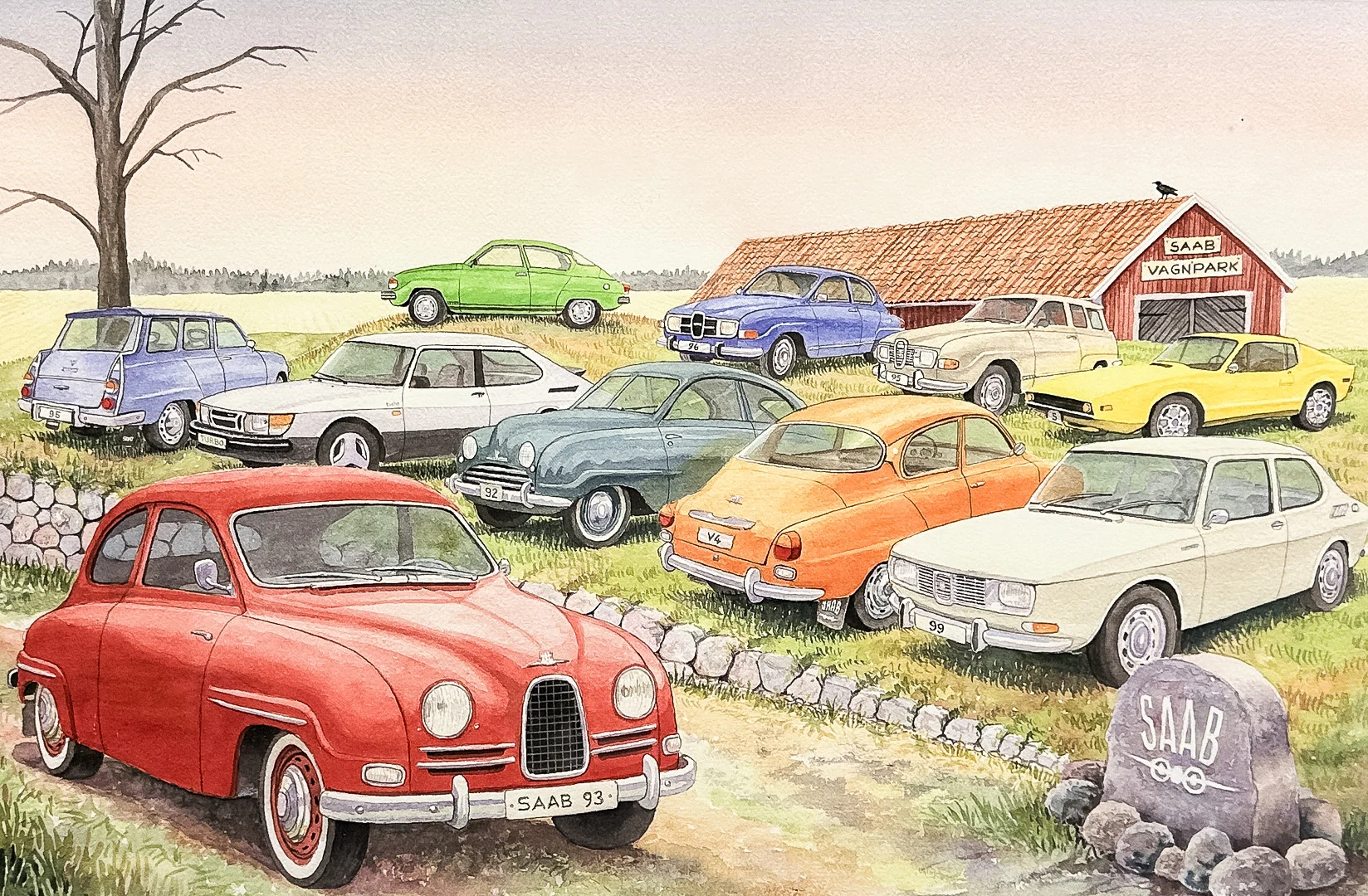 LARS KARLSSON. FÄRGLITOGRAFI, "Saab bilar", signerad, numrerad. — Engravings & Prints — Auktionshuset STO Bohuslän