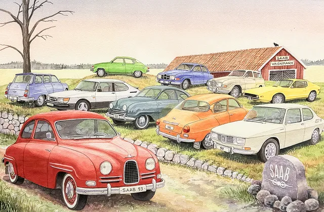 LARS KARLSSON. FÄRGLITOGRAFI, "Saab bilar", signerad, numrerad.