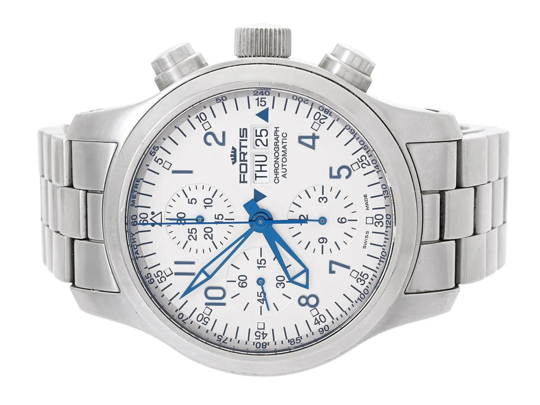 FORTIS, B-42, "Tachymetre", Cal ETA 7750, Serie nr. 10154, Boett nr. 635.10.141.3, kronograf, herrur, 42 mm, stål, automatisk, safirglas, dag, datum, glasbaksida, originallänk, viklås, ca 2005. — Klockor/Fortis — Kaplans