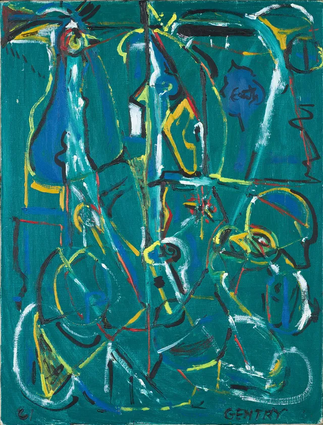 HERBERT GENTRY (USA/Sverige, Pittsburgh 1919-2003 Stockholm), Komposition mot grön bakgrund, signerad GENTRY, daterad 61, olja på duk.
