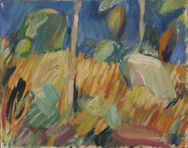 OLLE PETTERSON. OLJA PÅ DUK, KOMPOSITION, 40X50,5CM.