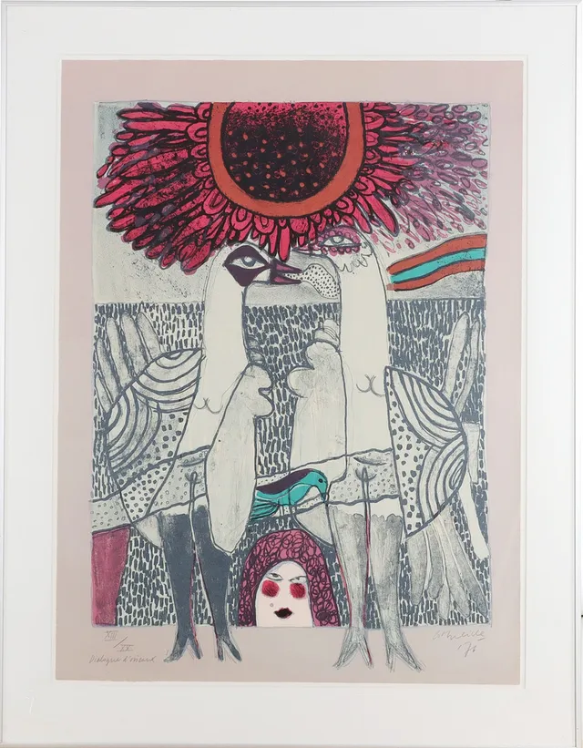 BEVERLOO CORNEILLE. 1922-2010. Färglitografi, "Dialogue d'oiseaux", 90,5 x 70,5 cm, numrerad XIII/XX, signerad.