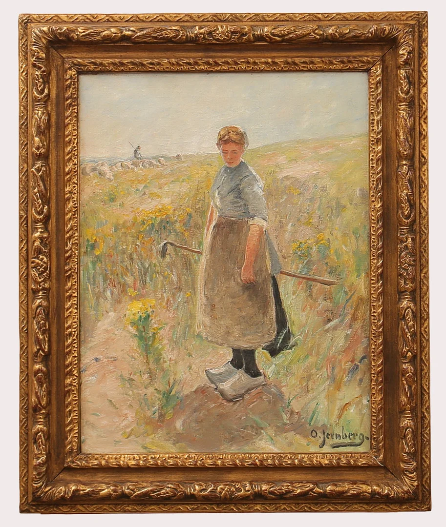 OLOF JERNBERG. Olja på duk, kvinna på betesfält med djur i bakgrunden, signerad. — Paintings — Limhamns Auktionsbyrå