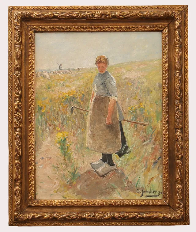 OLOF JERNBERG. Olja på duk, kvinna på betesfält med djur i bakgrunden, signerad.