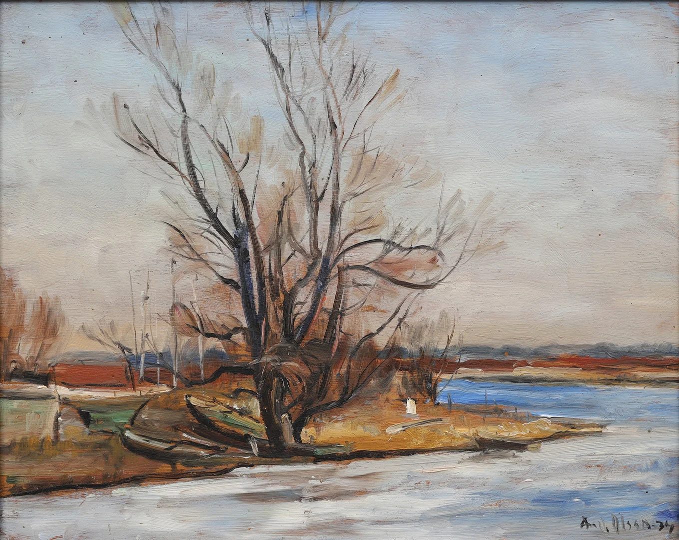 ANDERS OLSON. "Heljeåns inlopp", olja på pannå, signerad och daterad -34. — Paintings — Crafoord Auktioner Malmö