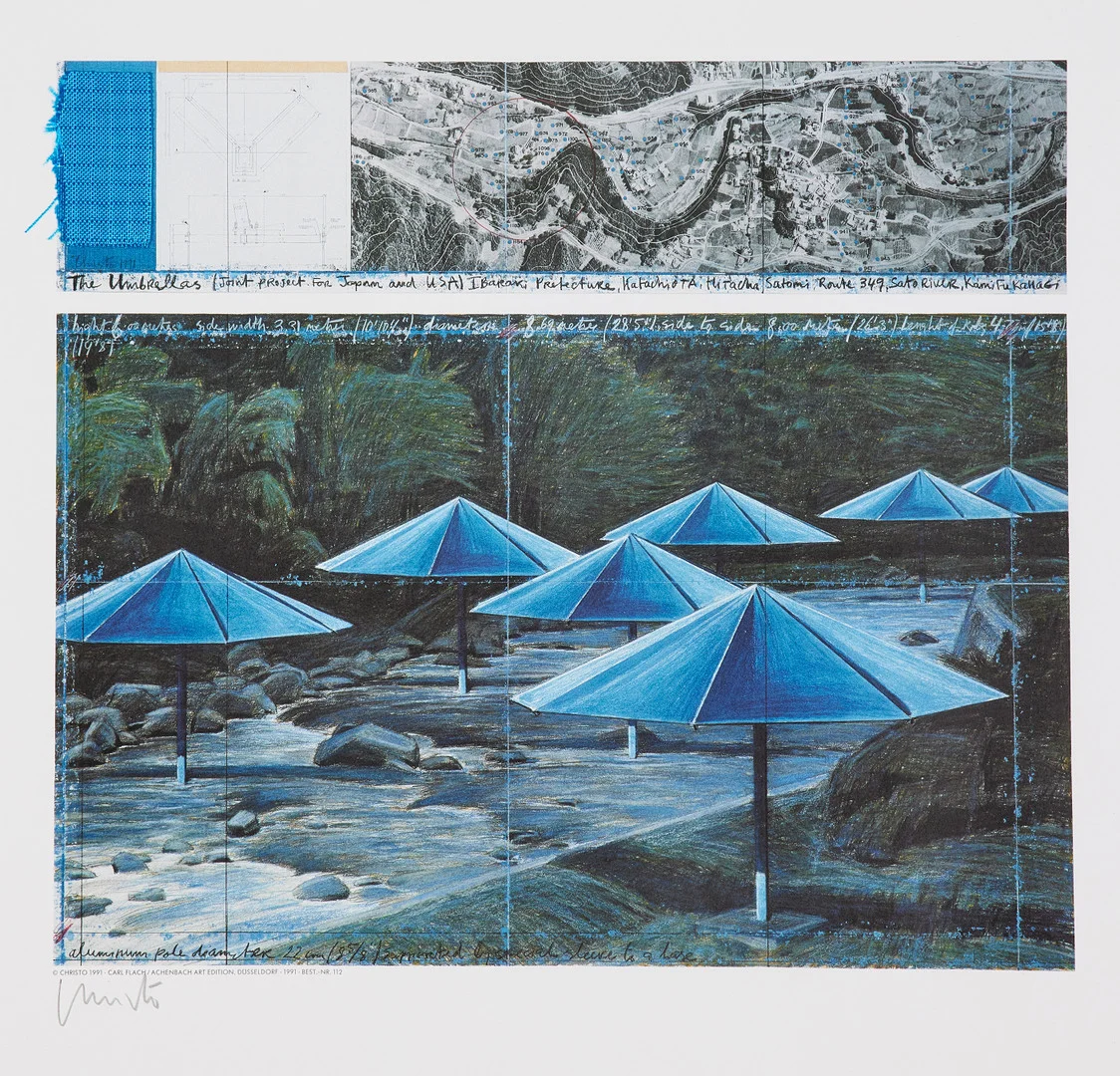 CHRISTO & JEANNE-CLAUDE. The Umbrellas (Joint project for Japan and USA), färgoffset med kollage, 1999, 38,2 x 42,9 cm. — Engravings & Prints — Stockholms Auktionsverk Fine Art