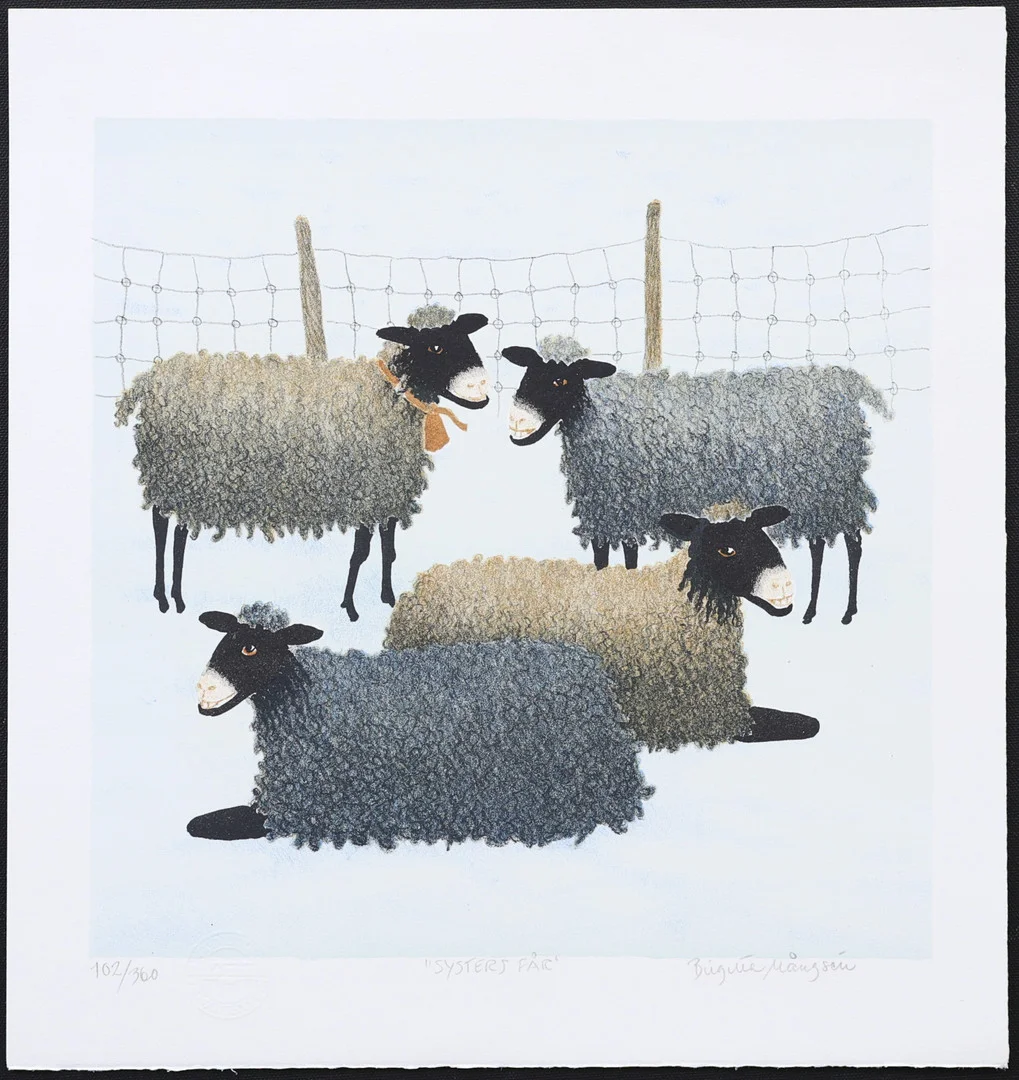 BIRGITTA MÅNGSÉN. "Systers får", litografi nr 102/360, signerad. — Engravings & Prints — Garpenhus Auktioner