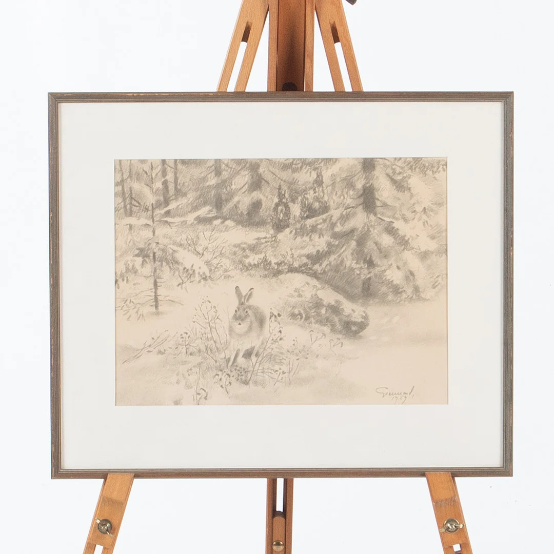 HARALD GRENNARD. Blyertsteckning. Hare i skog, signerad och daterad 1959. — Paintings — Laholms Auktionskammare