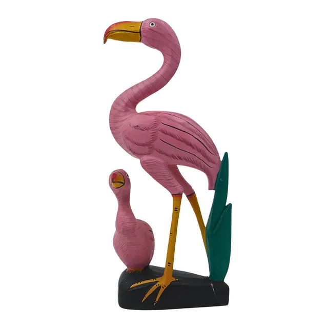 HOLZ-SKULPTUR FLAMINGO MIT KÜKEN.
