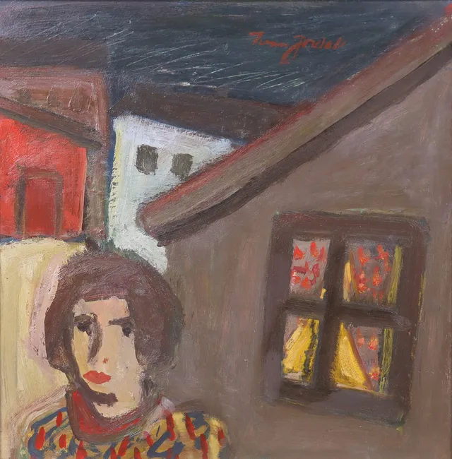 IVAN JORDELL. olja på pannå, kvinna framför hus.