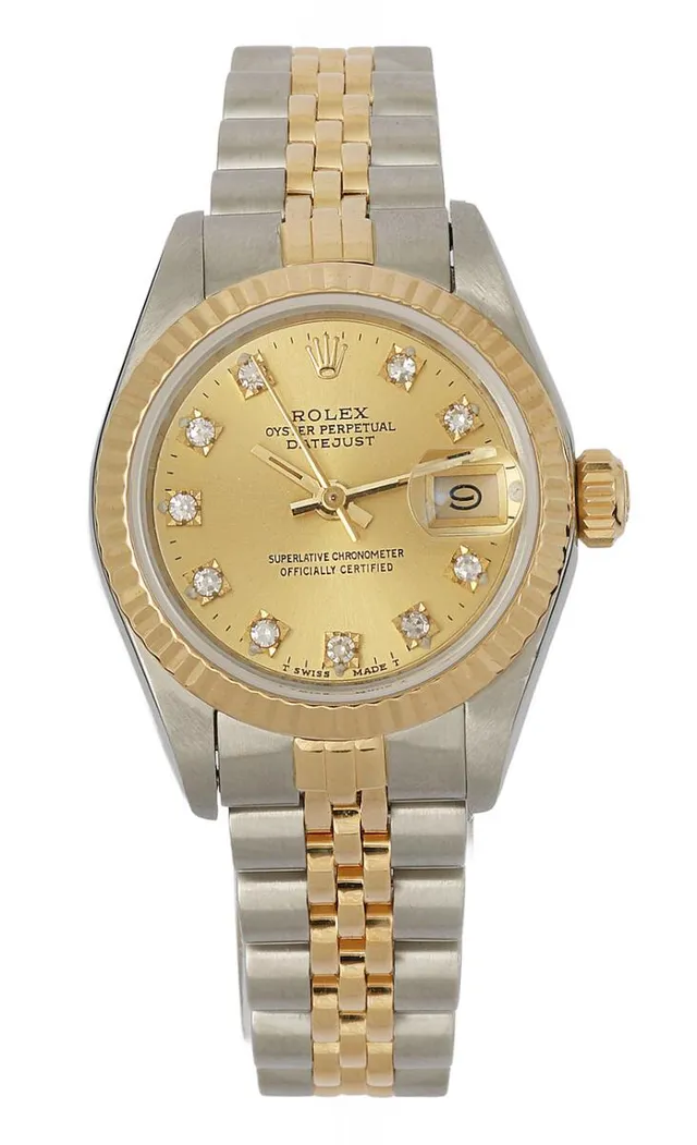 Datejust of 18k gold and steel with diamond-set dial, ref. 69173. Mechanical movement with automatic winding and date indication, cal. 2135. Rolex “Jubilee” bracelet of 18k gold and steel with folding clasp. Circumference approximately 15 cm. Ø 26 mm. 1989.