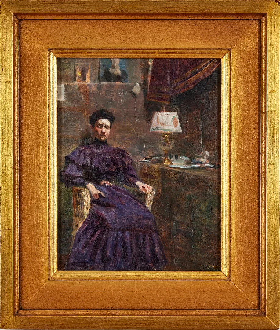 VILHELM HOLMGREN (1863-1943). Interiör med konstnärens hustru Jeanne i parisatején. — Paintings — Stockholms Auktionsverk Magasin 5