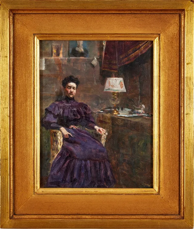 VILHELM HOLMGREN (1863-1943). Interiör med konstnärens hustru Jeanne i parisatején.