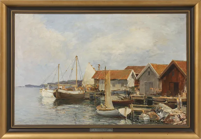 HUGO ÖFVERSTRÖM. Båtar och sjöbodar, olja på duk, signerad.