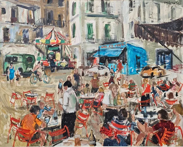 ANTONI VIVES FIERRO. "CAFÉ XAVIER-AMETLLA DE MAR". ÓLEO SOBRE LIENZO.